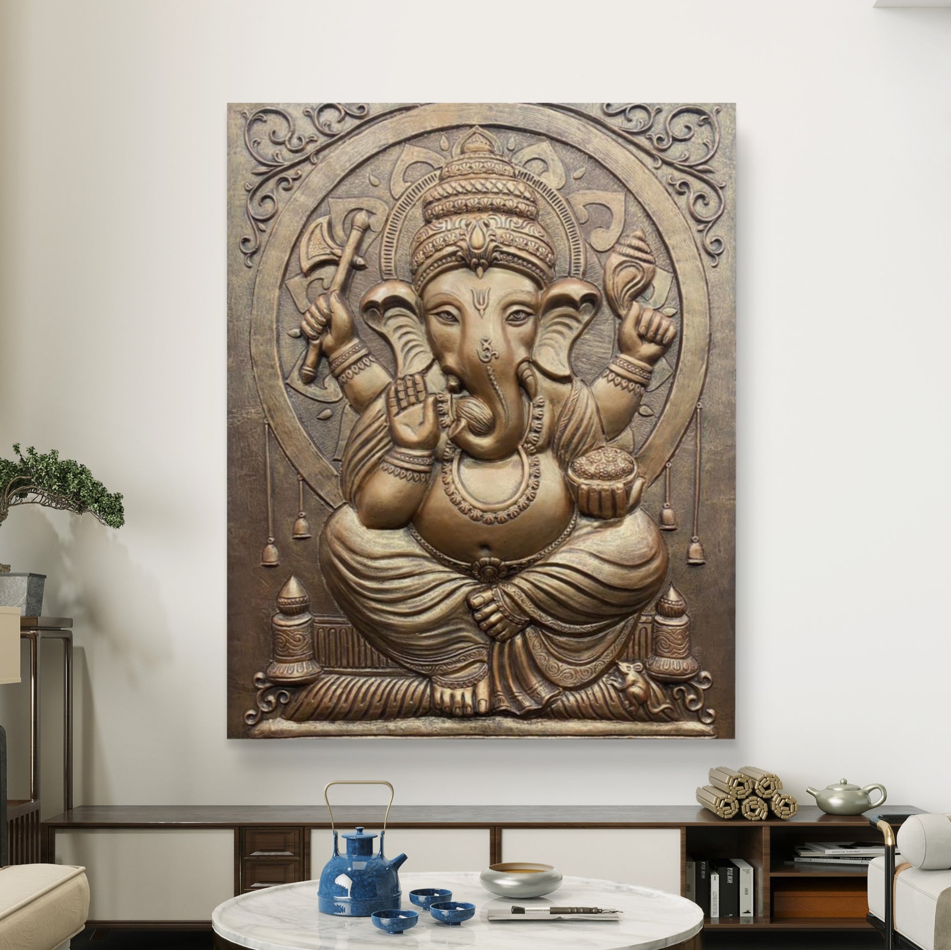 5x4 Feet | Premium Lord Ganesha Relief Mural | Handcrafted 3D Wall Art |Ready to Hang