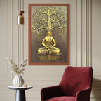 antique bronze gold and white buddha  in framed with bodhi tree 3d wall mural handcrafted relief art 3x2 feet