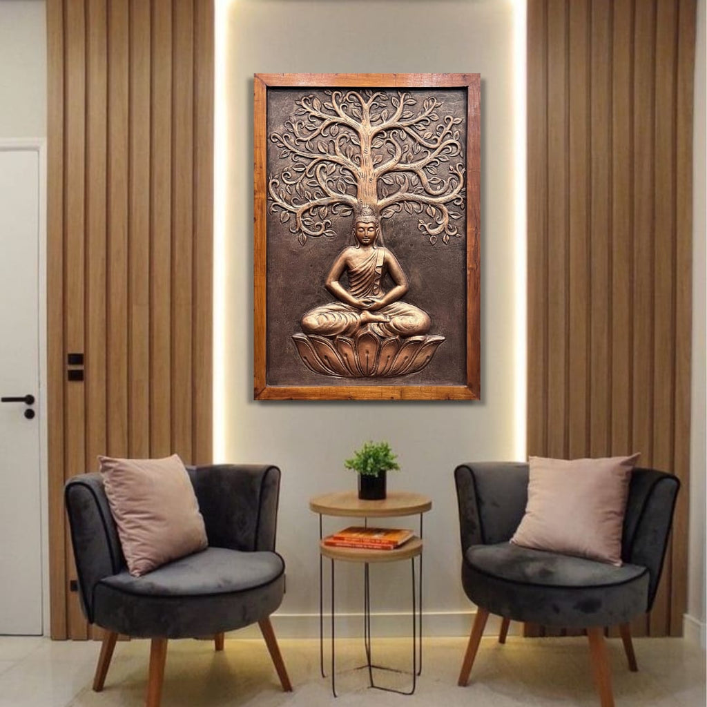 antique bronze gold and white buddha  in frame with bodhi tree 3d wall mural handcrafted relief art 3x2 feet