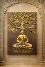 antique gold  buddha  in frame with bodhi tree 3d wall mural handcrafted relief art 3x2 feet