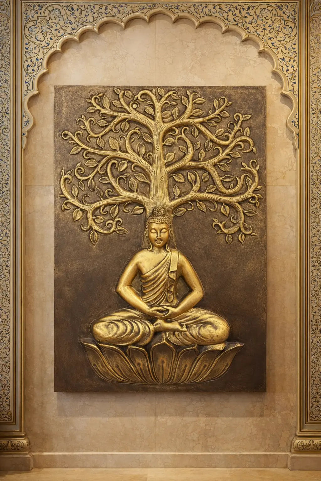antique gold  buddha  in frame with bodhi tree 3d wall mural handcrafted relief art 3x2 feet