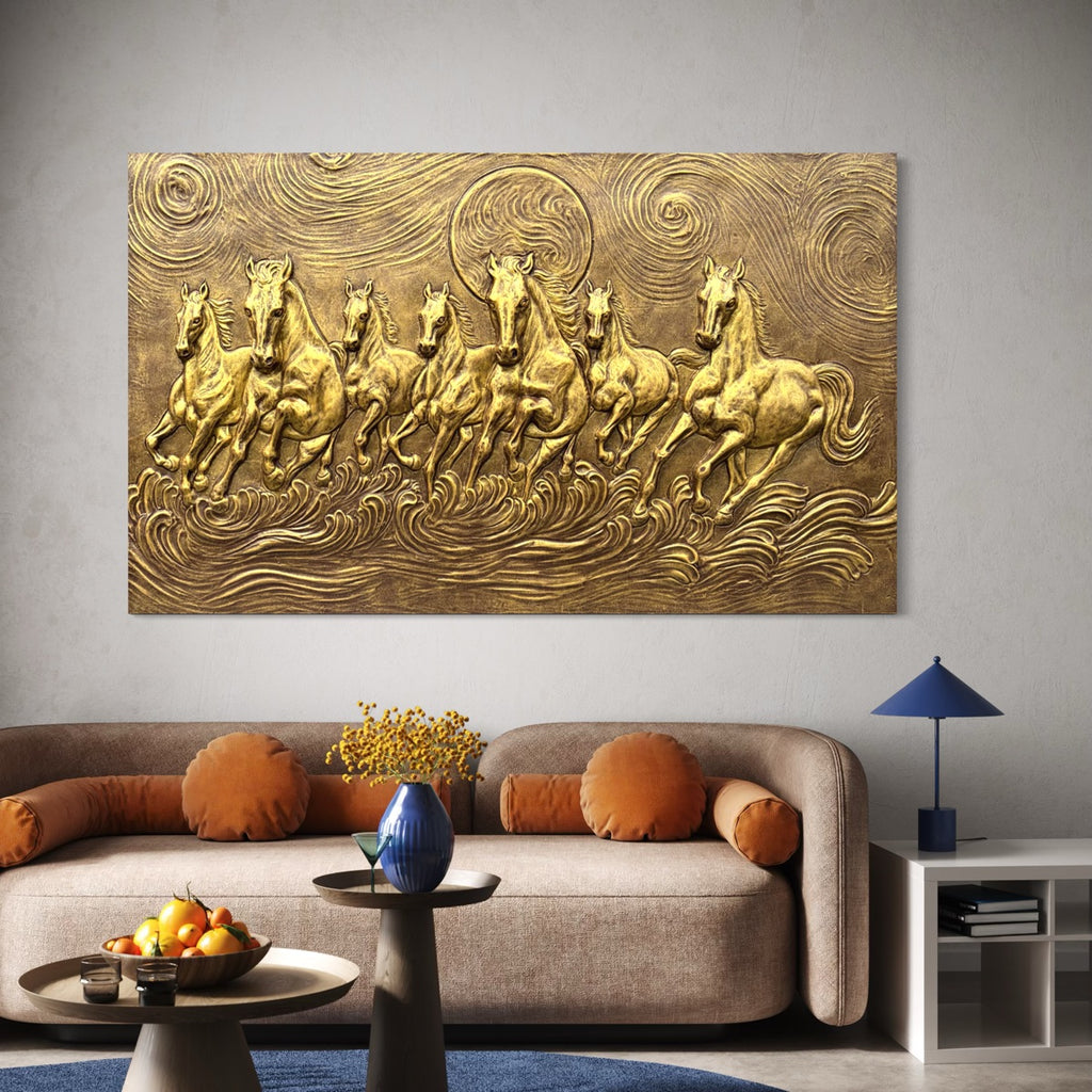 Antique Golden 7 Horse Vastu wall art, designed for forward momentum and positive energy. suitable for home and office.
