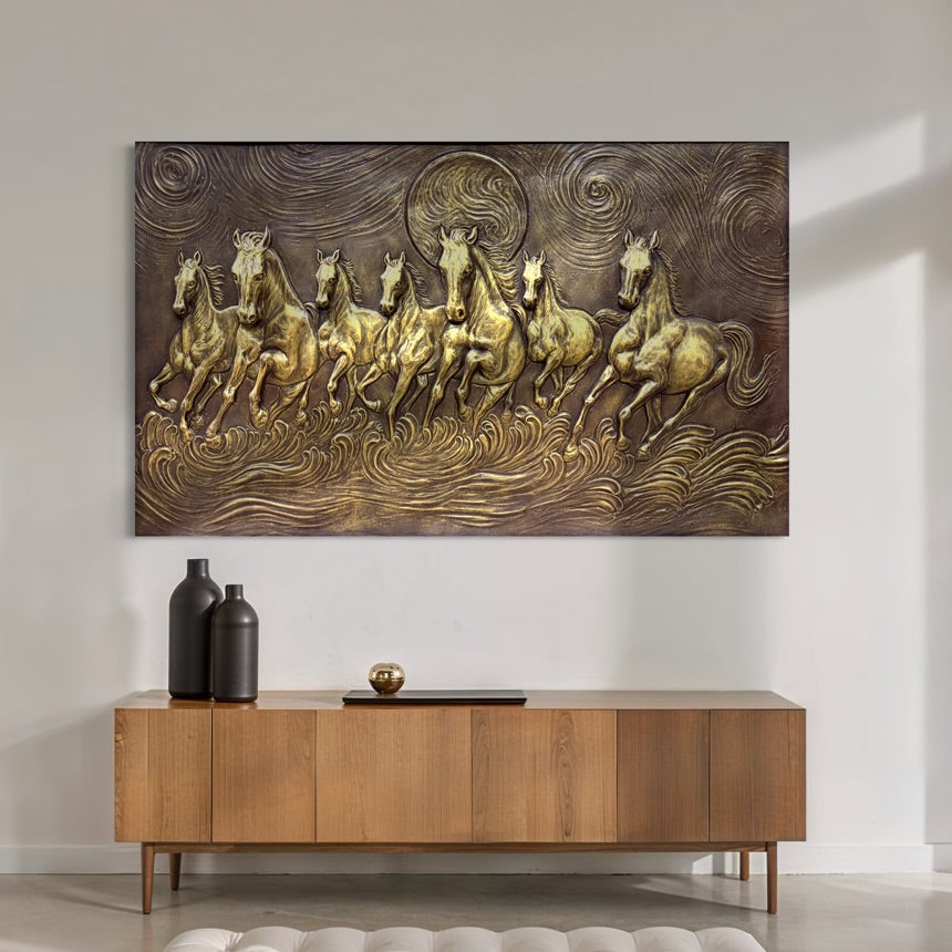 Antique Golden 7 Horse Vastu wall art, designed for forward momentum and positive energy. suitable for home and office.