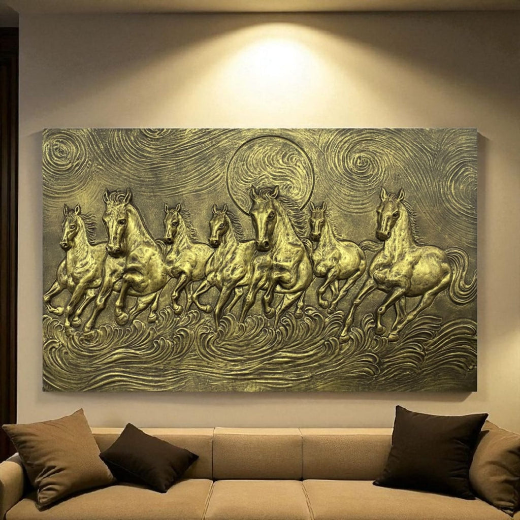 Antique Golden 7 Horse Vastu wall art, designed for forward momentum and positive energy.