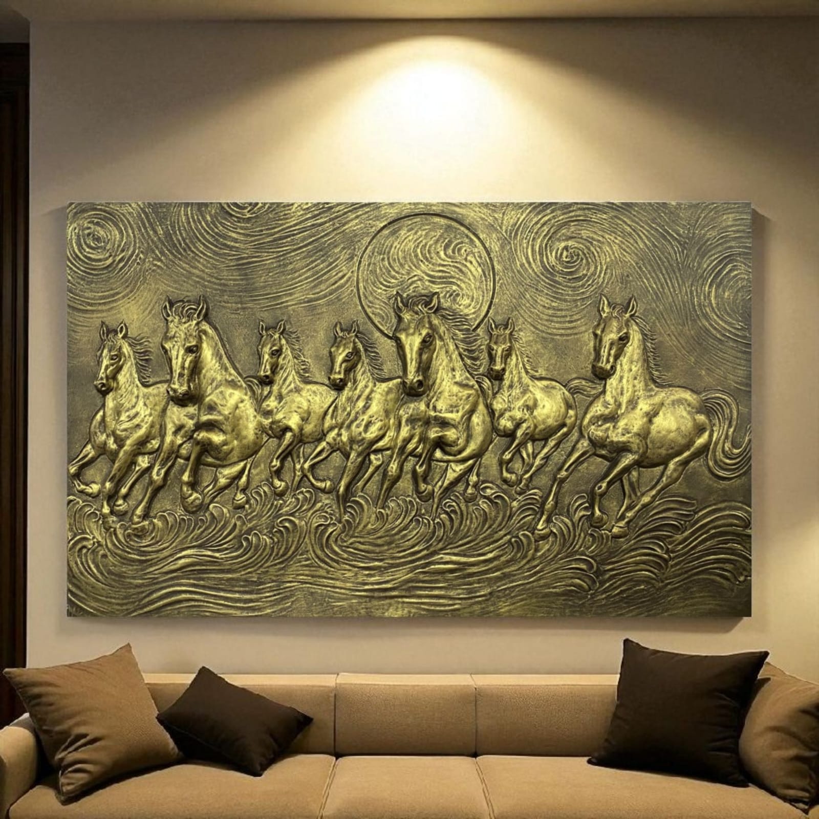 Antique Golden 7 Horse Vastu wall art, designed for forward momentum and positive energy.
