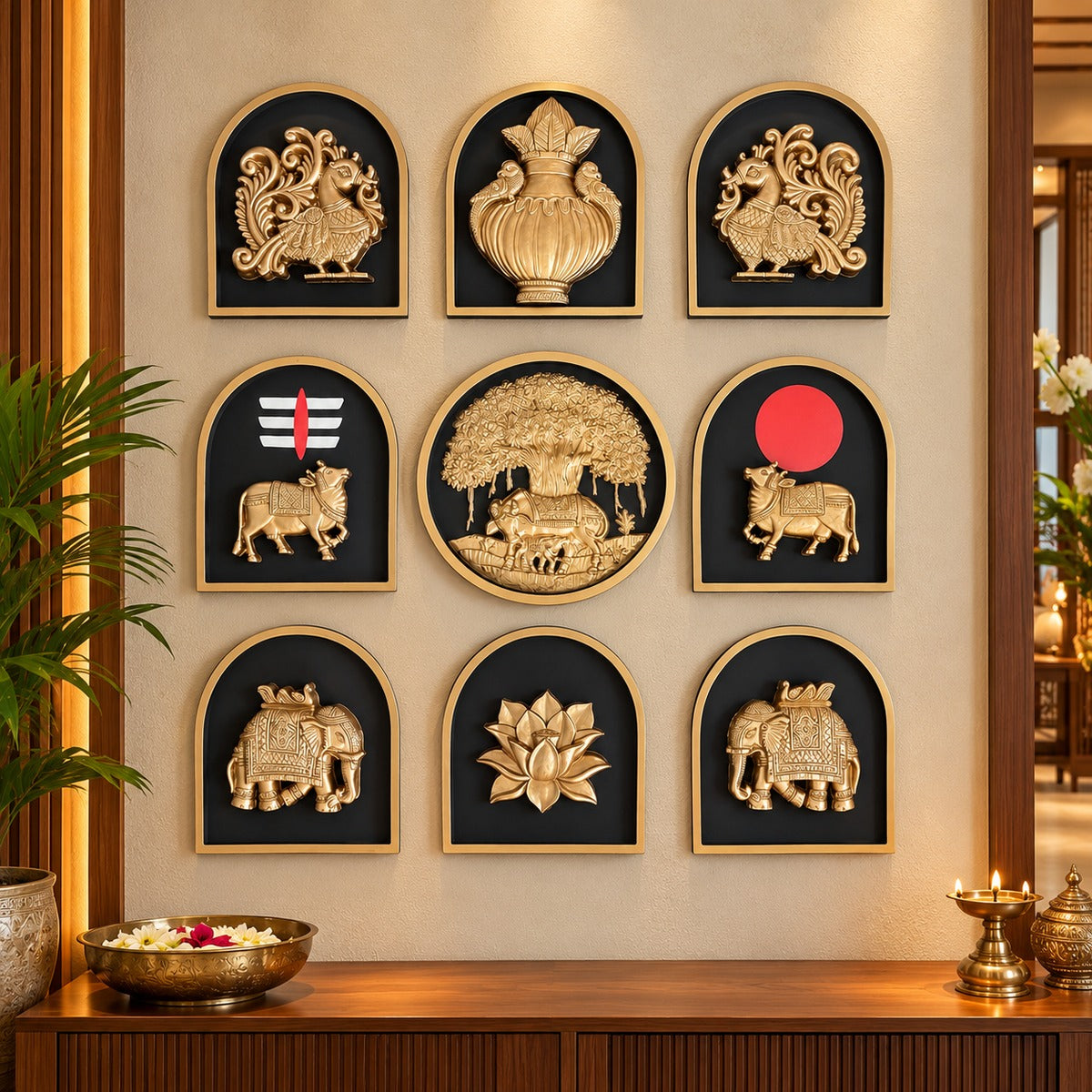 Handcrafted set of nine Kamdhenu, calf, and Banyan Tree wall motifs by Artgatha for traditional interiors in bronze colour.