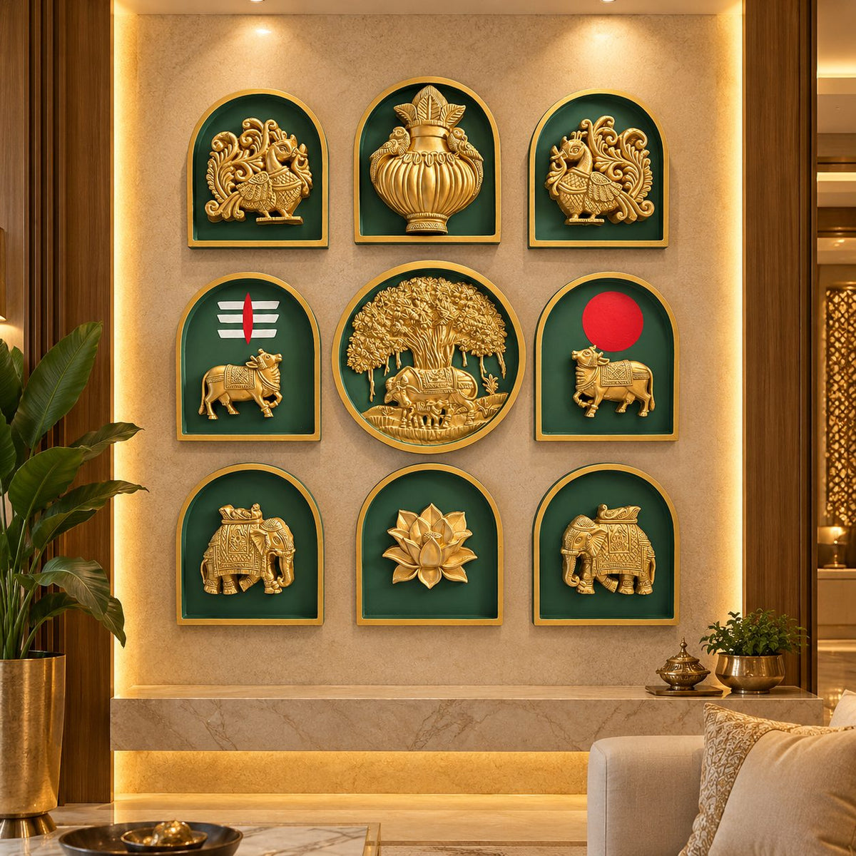 Handcrafted set of nine Kamdhenu, calf, and Banyan Tree wall motifs by Artgatha for traditional interiors.