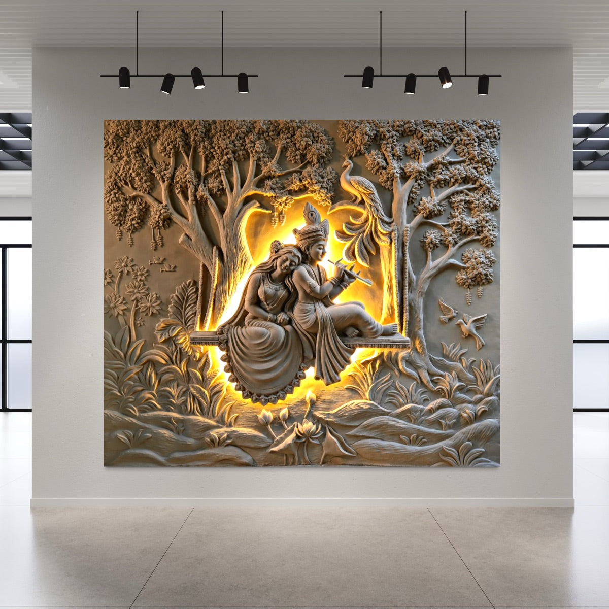 Handcrafted 8 by 7 feet Radha Krishna 3D wall art sculpture by Artgatha featuring cows and peacock.