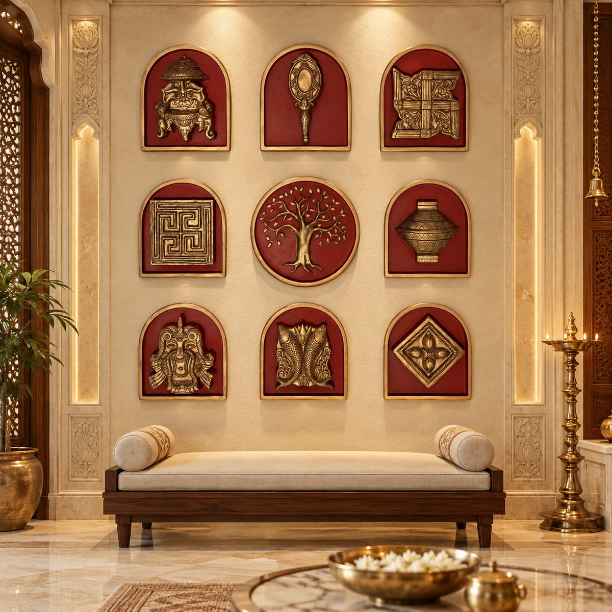 Full view of set of nine Ashtamangala with Kalpavriksha 3D wall art sculptures arranged as a traditional display.