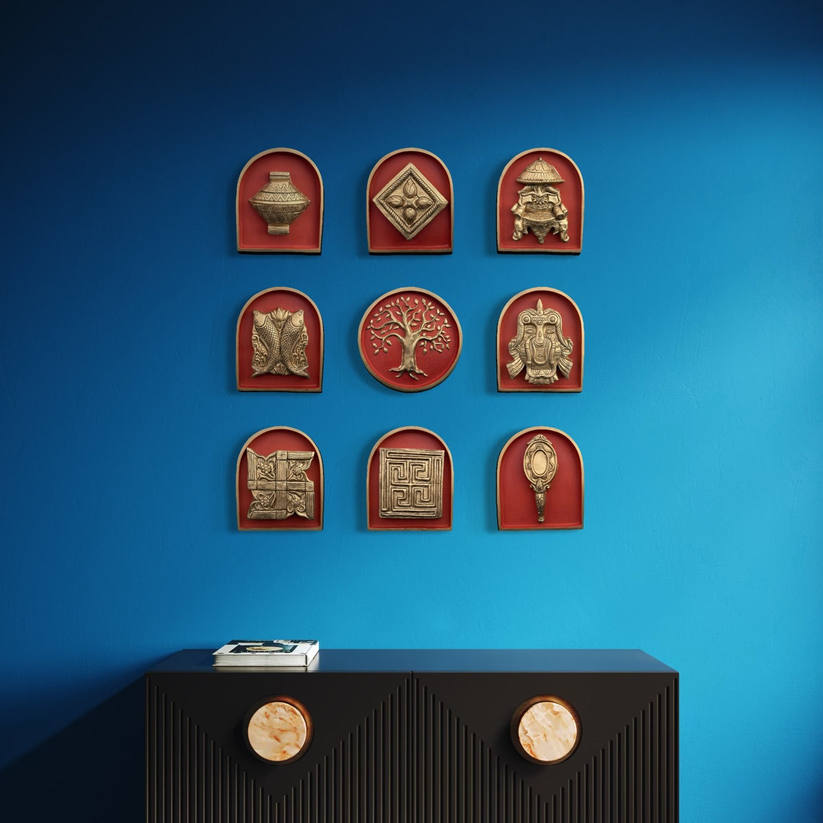 Full view of set of nine Ashtamangala with Kalpavriksha 3D wall art sculptures arranged as a traditional display