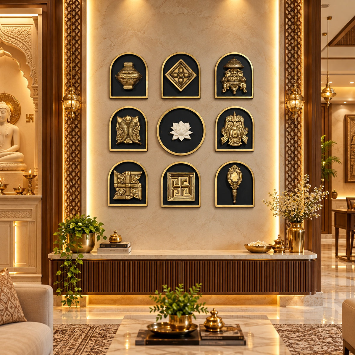 Close-up of Ashtamangala symbols in 3D wall art showing intricate sculpted 