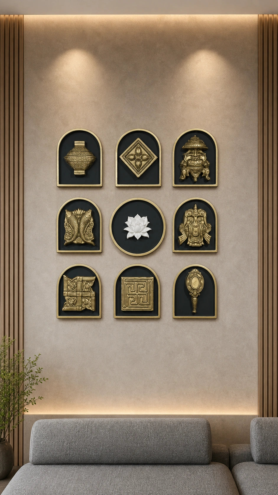 Close-up of Ashtamangala symbols in 3D wall art showing intricate sculpted details