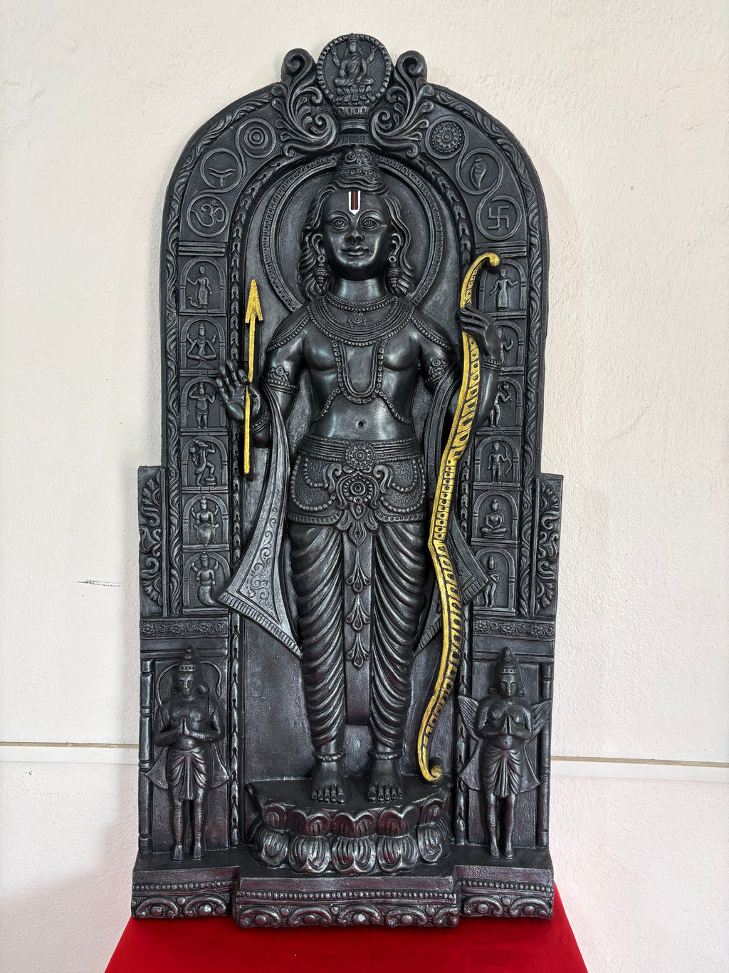 Detailed texture of Ayodhya-inspired Ram Lalla wall art showing layered relief work and fine detailing.