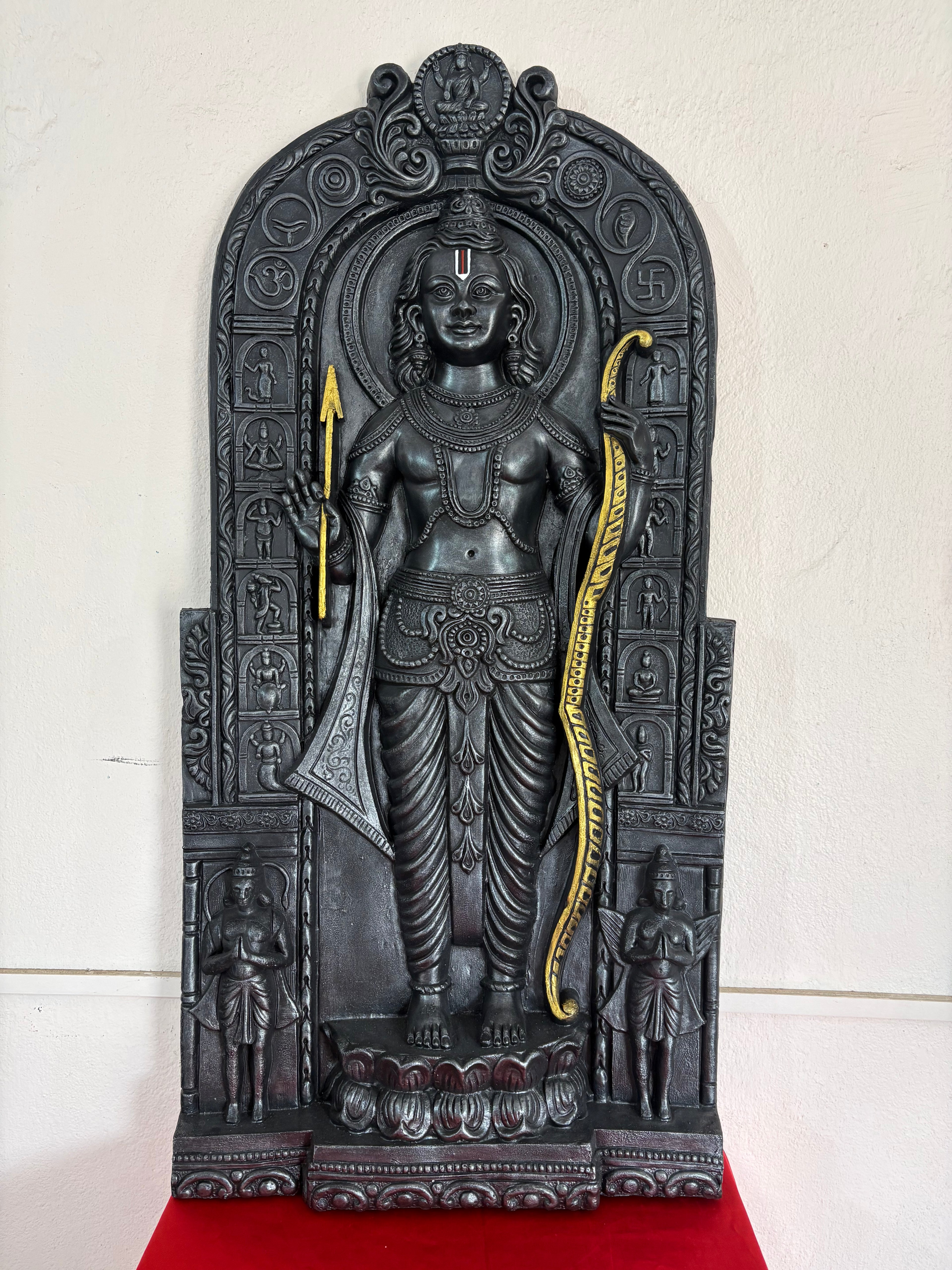 Detailed texture of Ayodhya-inspired Ram Lalla wall art showing layered relief work and fine detailing.