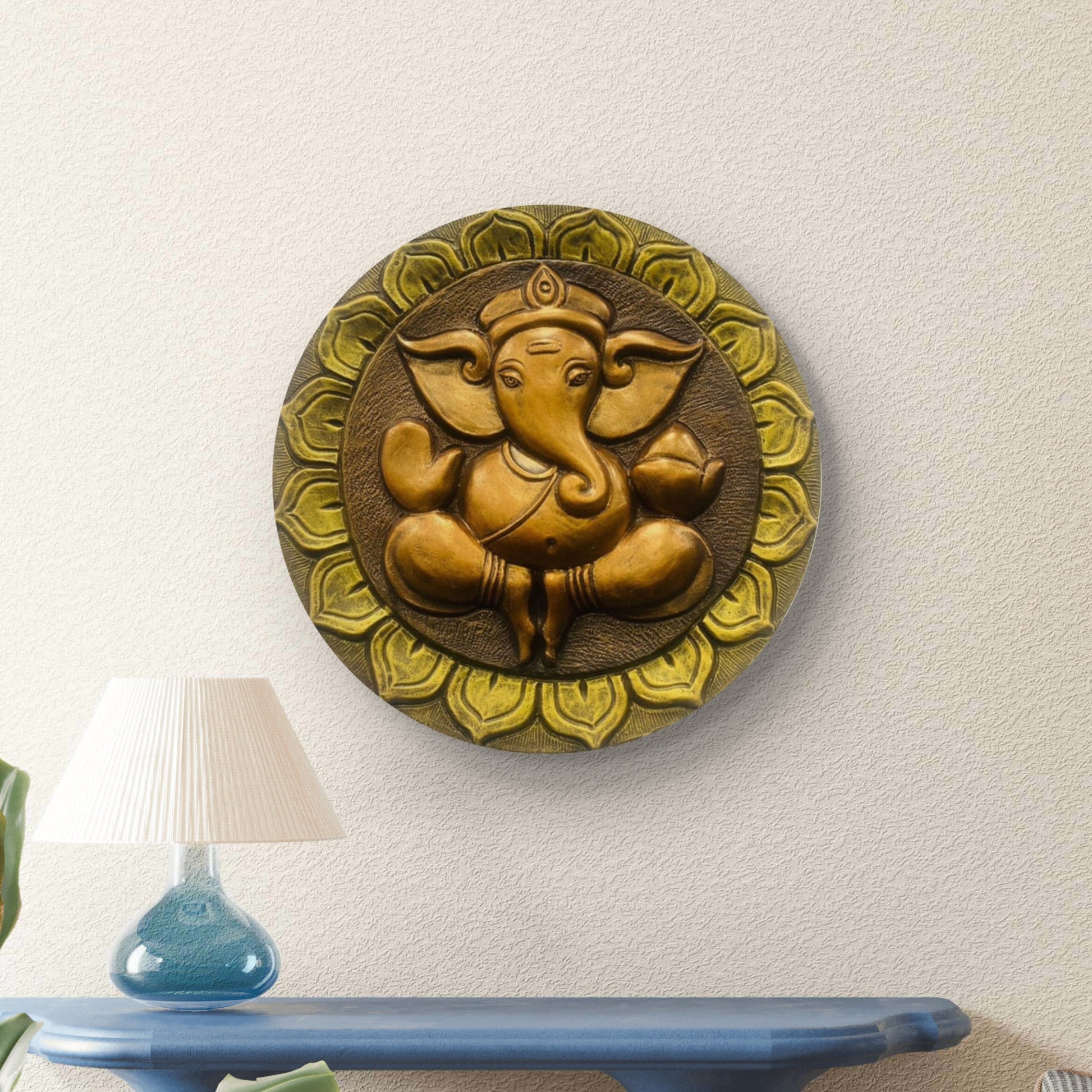 21x21 Inches | Handcrafted Lord Ganesha Round Relief Mural | Divine Wall Art | Ready to Hang