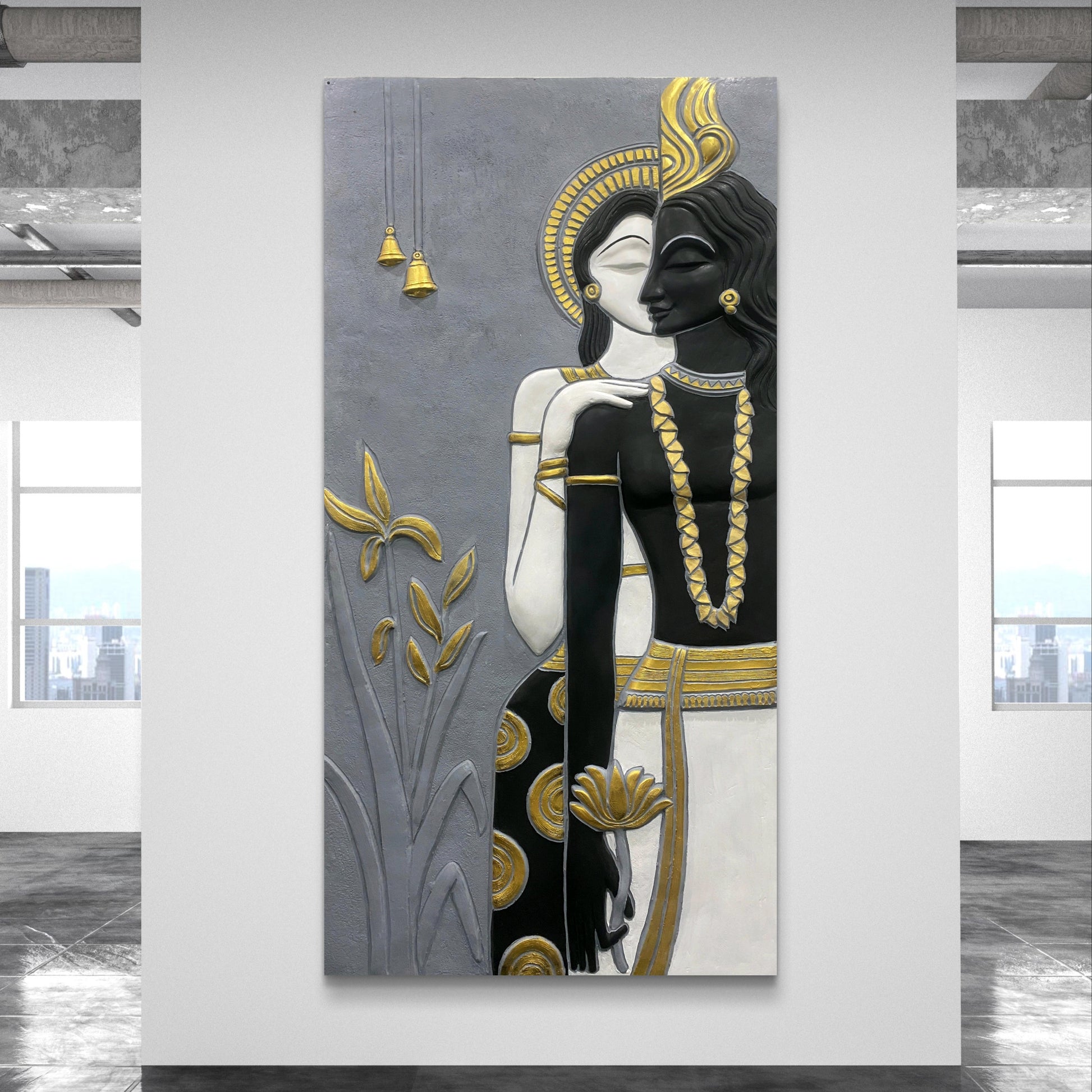 7x3.5 Feet | Abstract Radha Krishna 3D Elevation Sculpture Mural Wall Art | Divine Love & Spiritual Déco | Ready-to-Hang | Handmade Relief Artwork