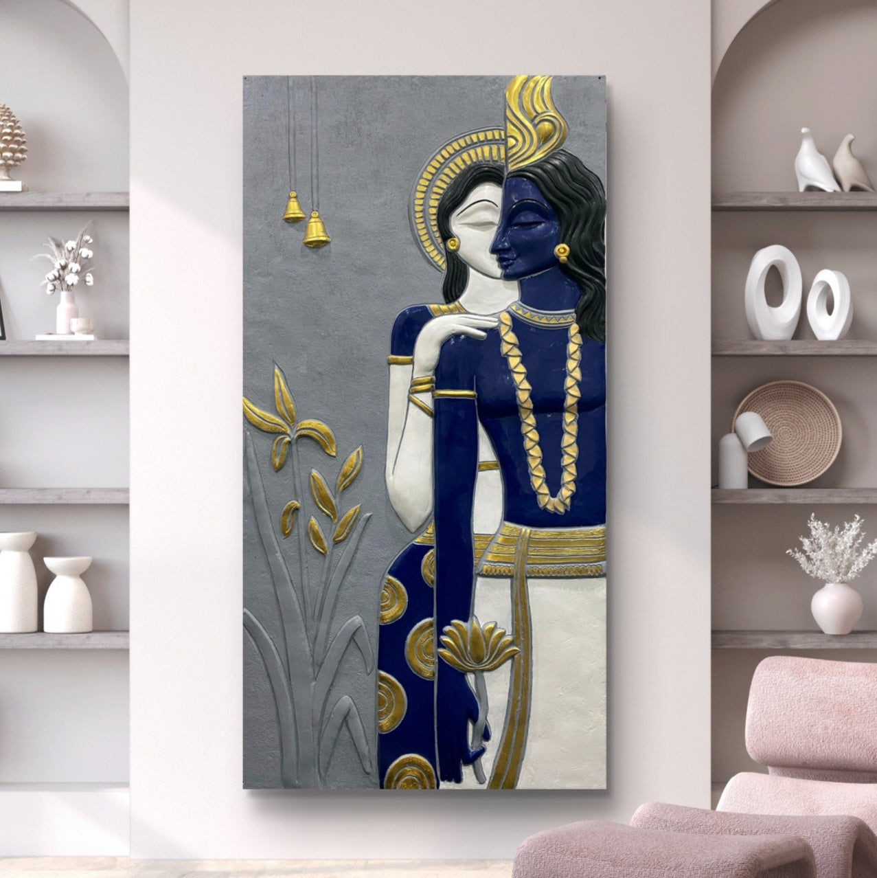 7x3.5 Feet | Abstract Radha Krishna 3D Elevation Sculpture Mural Wall Art | Divine Love & Spiritual Déco | Ready-to-Hang | Handmade Relief Artwork