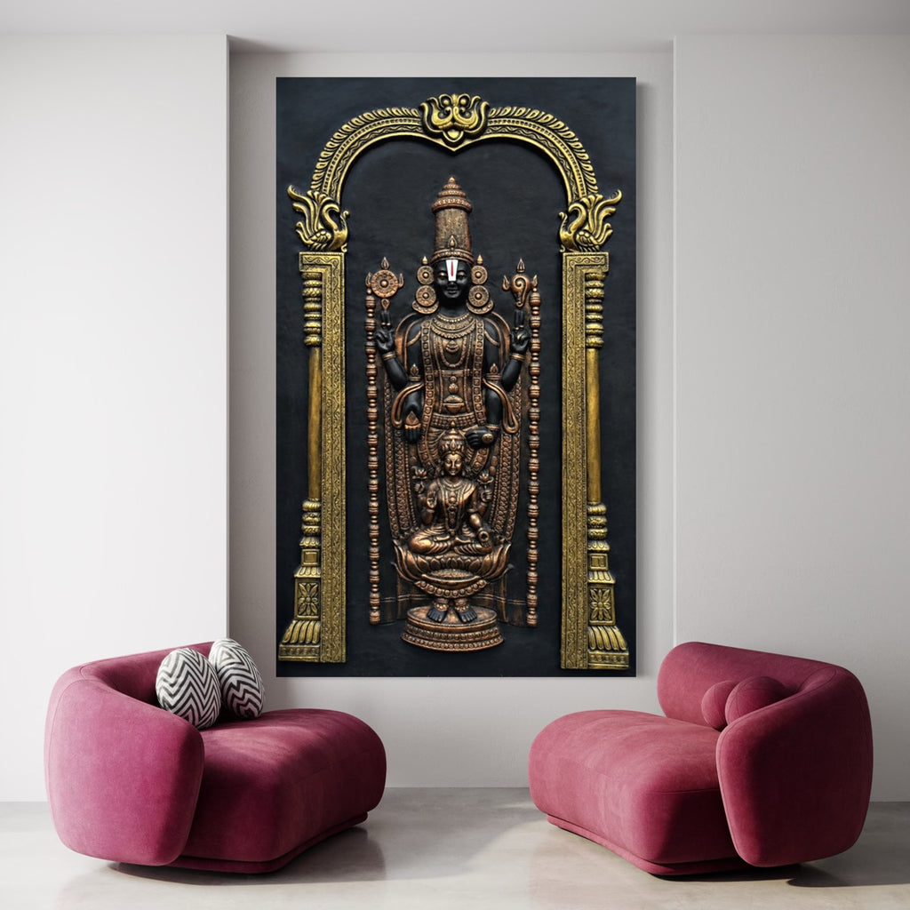 Close-up of Venkateswara Balaji with Lakshmi 3D relief wall art highlighting intricate sculpted details and craftsmanship