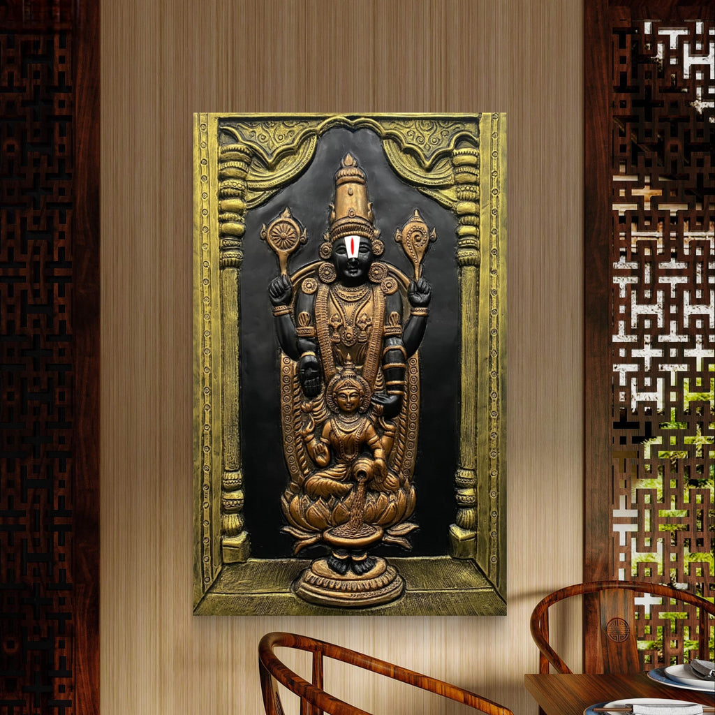 3x2 feet Balaji and Lakshmi 3D wall sculpture, handcrafted relief mural in gold, bronze, and gold-bronze finishes for spiritual interiors.