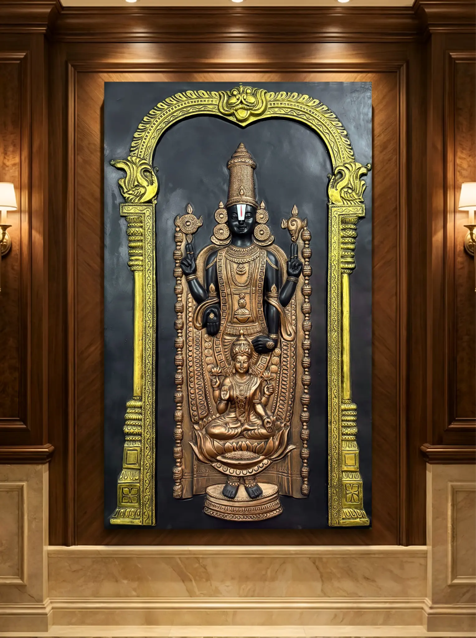 Royal Gold & Deep Black Tirupati Balaji and Lakshmi 3D Mural (5x3 ft), handcrafted wall art featuring intricate detailing and elegant cultural design, suitable for temple, home,office
