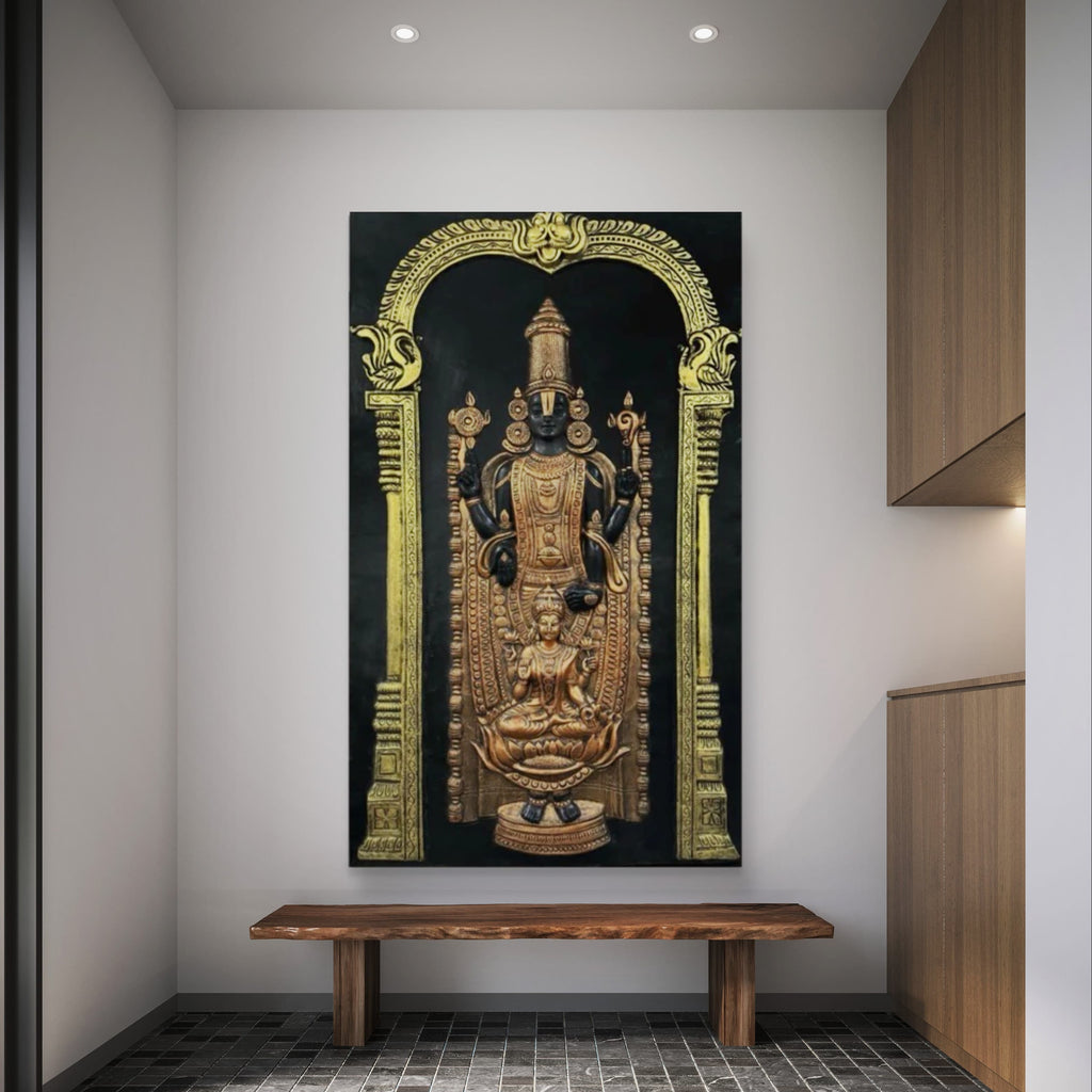 Royal Gold & Deep Black Tirupati Balaji and Lakshmi 3D Mural (5x3 ft), handcrafted wall art featuring intricate detailing and elegant cultural design
