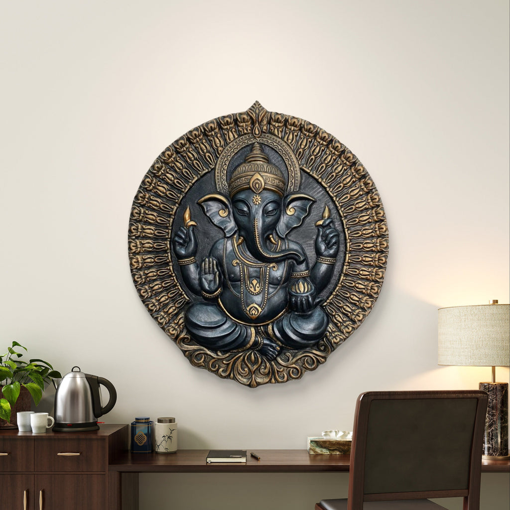 black with bronze highlights ganesha circular 3d wall mural 3.5x3 ft handcrafted relief sculpture for modern decor