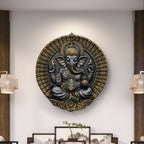 Black and golden Lord Ganesha 3D wall sculpture, 3.5x3 feet circular mural perfect for spiritual and artistic home décor.