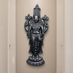 Black finish Lord Venkateshwara Balaji sculpture, showcasing intricate 3D relief detailing.