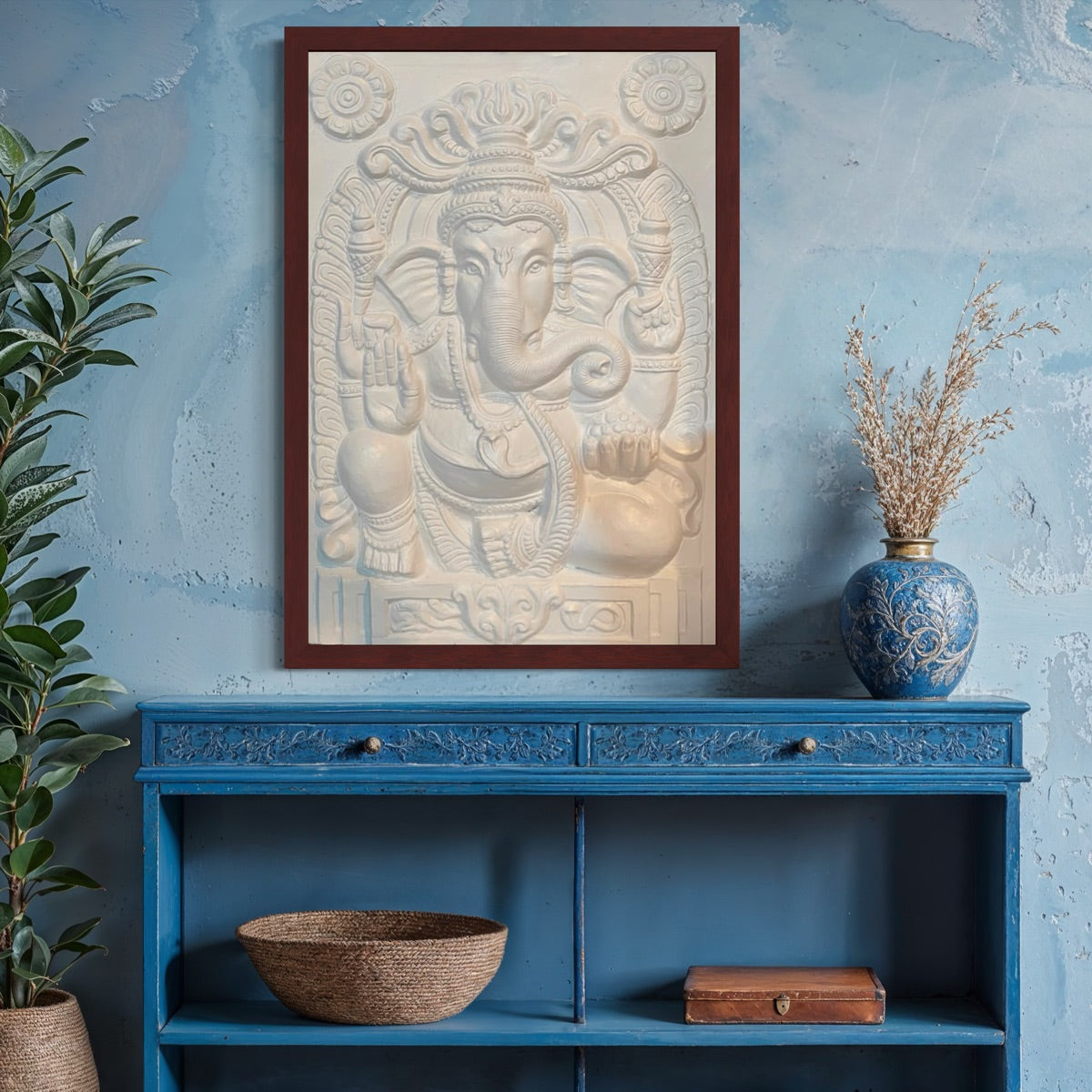 Blessing Ganesha 3D Wall Art Sculpture in Bronze finish, seated Abhaya mudra pose, high-relief sculptural detail.