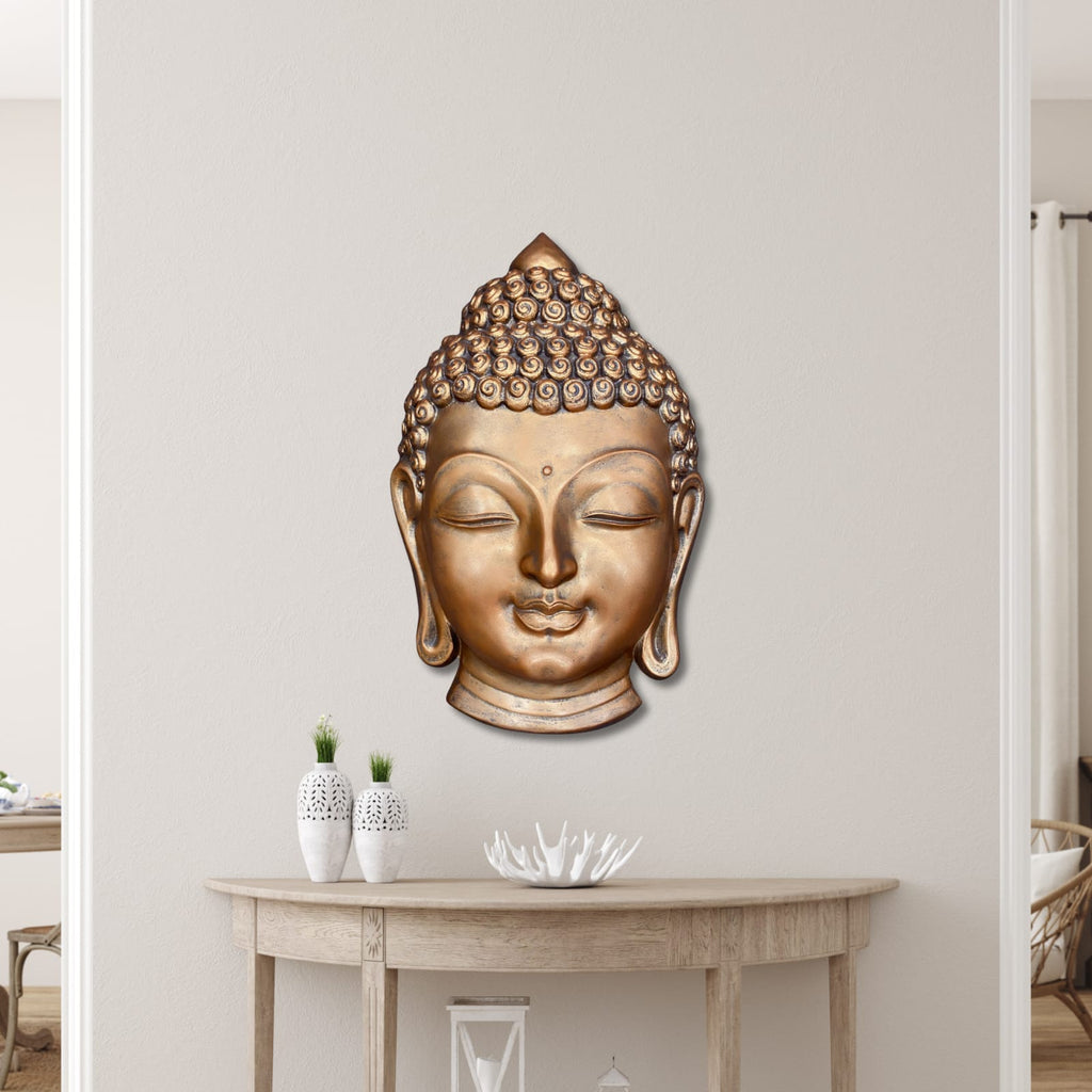 bronze finish buddha face 3d wall sculpture 27x17 inches handcrafted relief mural for interior decor