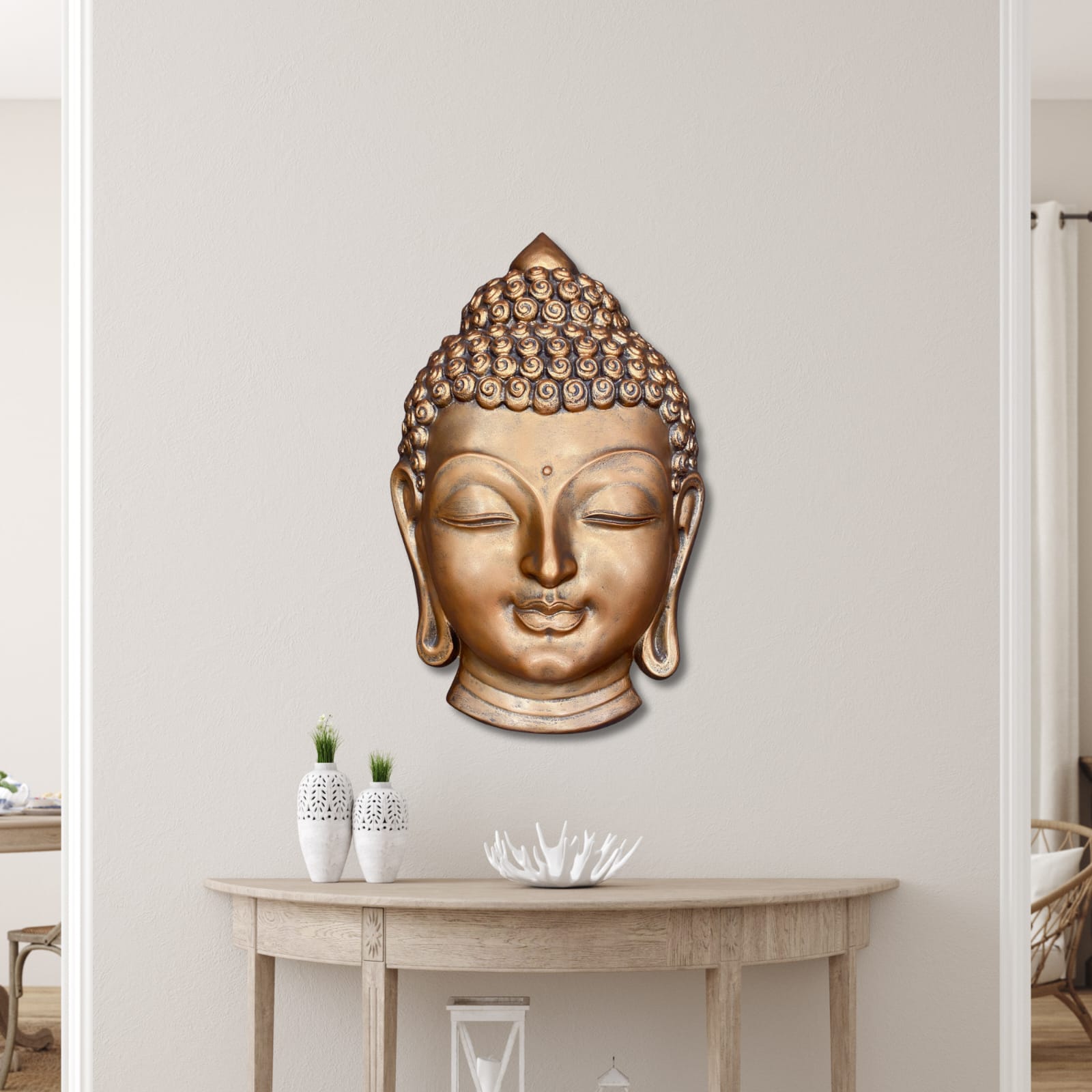 bronze finish buddha face 3d wall sculpture 27x17 inches handcrafted relief mural for interior decor