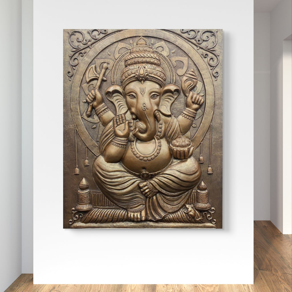 bronze finish ganesha 3d wall sculpture 5x4 ft handcrafted relief mural for office decor
