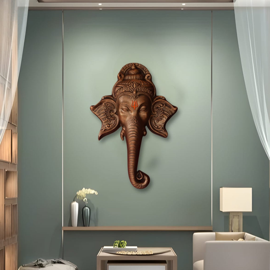 Bronze finish Ganesha face 3D wall sculpture (32x21 inch), handcrafted relief mural for modern interiors
