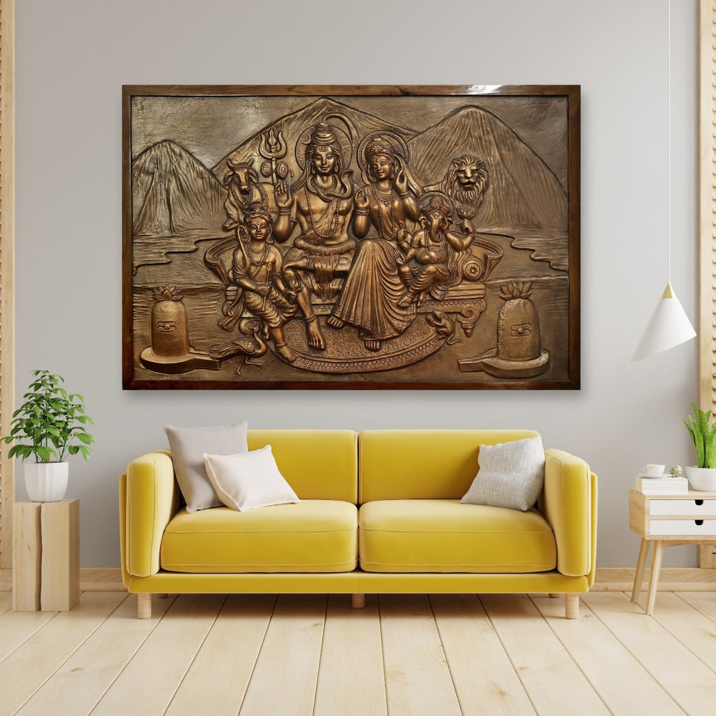 Bronze finish Shiva Parivar 3D relief wall mural, handcrafted wall art sculpture for interior decoration