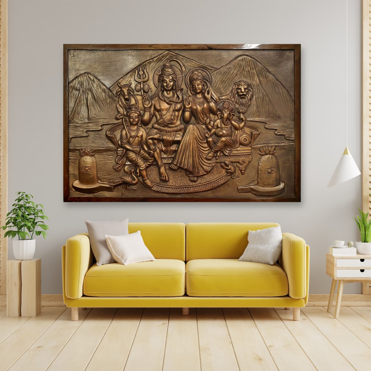 Bronze finish Shiva Parivar 3D relief wall mural, handcrafted wall art sculpture for interior decoration
