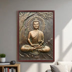 Bronze colour framed Buddha relief mural, ideal for a yoga studio or spiritual corner.
