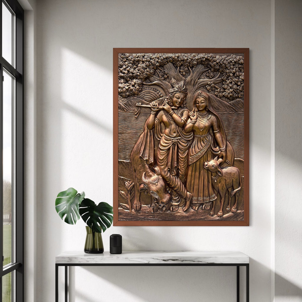 Bronze-framed Radha Krishna mural, a large 4x3 ft spiritual centerpiece for devotion