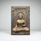 Bronze Meditative Buddha relief sculpture (3x2 ft), showcasing intricate 3D detailing and depth.