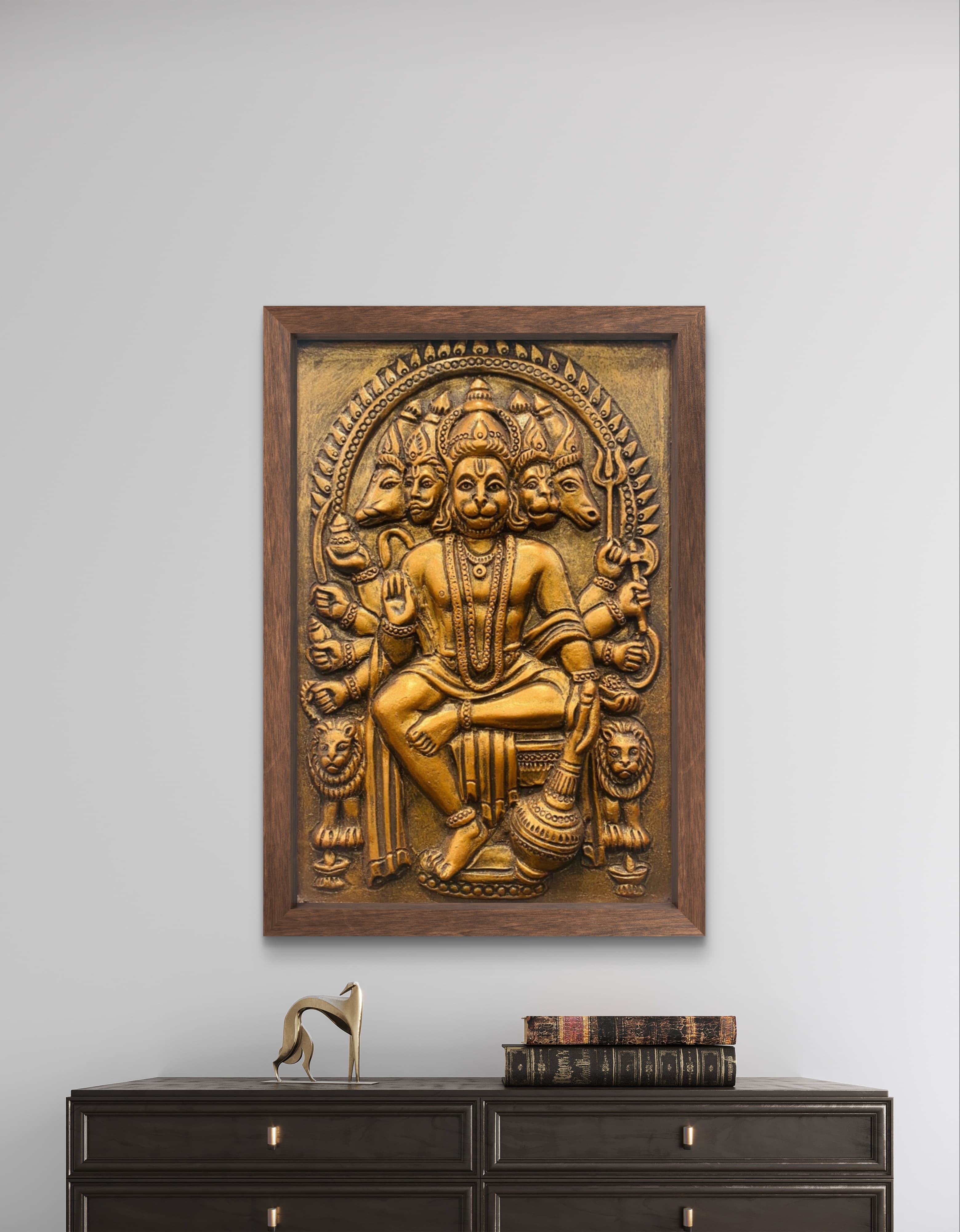 Bronze finish Panchmukhi Hanuman 3D wall sculpture | 18x12 inch framed relief mural for living room and office décor