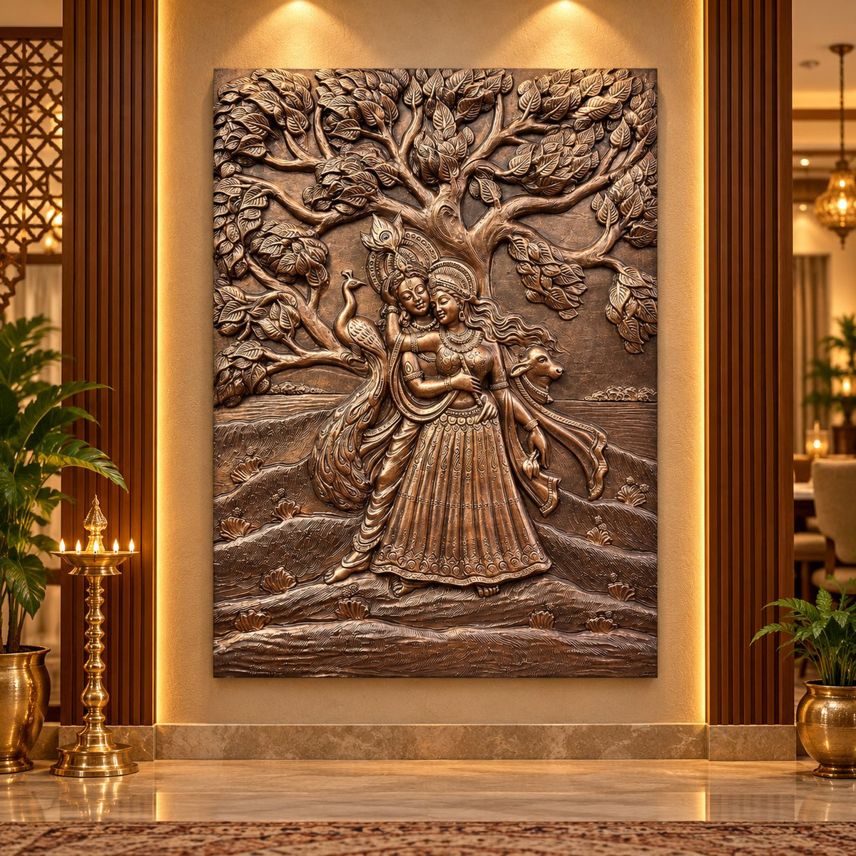 Bronze 4x3 ft Radha Krishna Romantic 3D Relief Mural, ready-to-hang spiritual décor