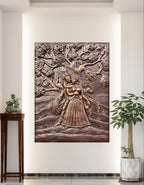 Bronze 4x3 ft Radha Krishna Romantic 3D Relief Mural, ready-to-hang spiritual décor.