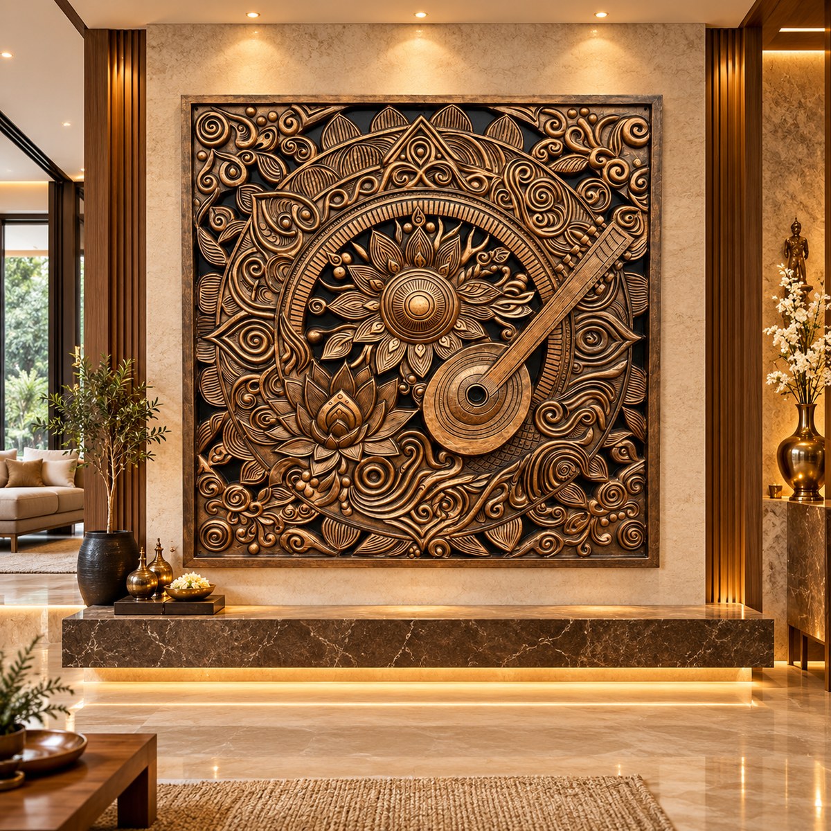 bronze 5x5 feet 3D mural featuring an intricately carved tanpura and surrounding floral patterns