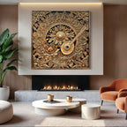 bronze 5x5 feet 3D mural featuring an intricately carved Tanpura and surrounding floral patterns.