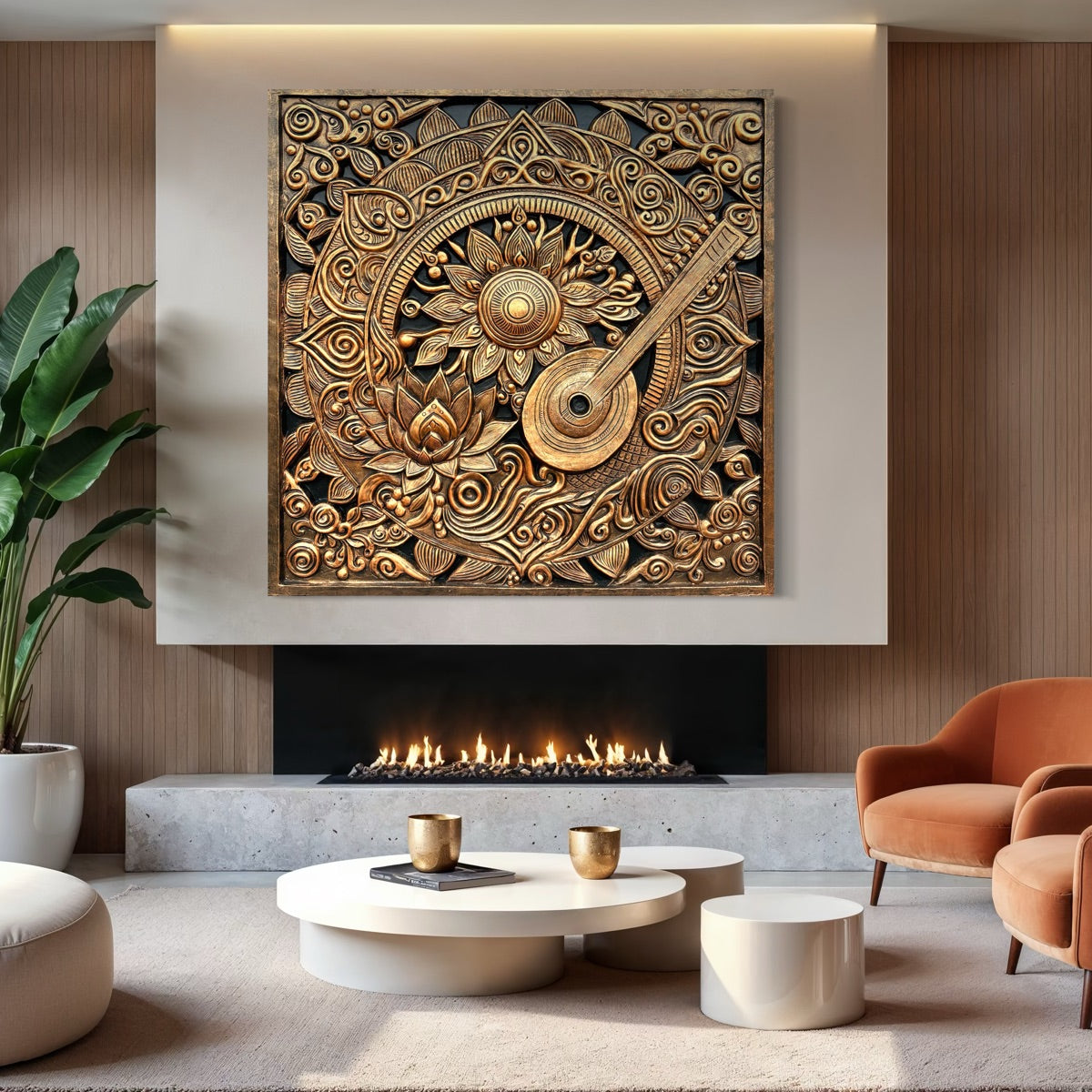 bronze 5x5 feet 3D mural featuring an intricately carved Tanpura and surrounding floral patterns.