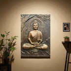 Close-up of the intricate 3D relief detailing on the handmade Buddha and Bodhi tree.