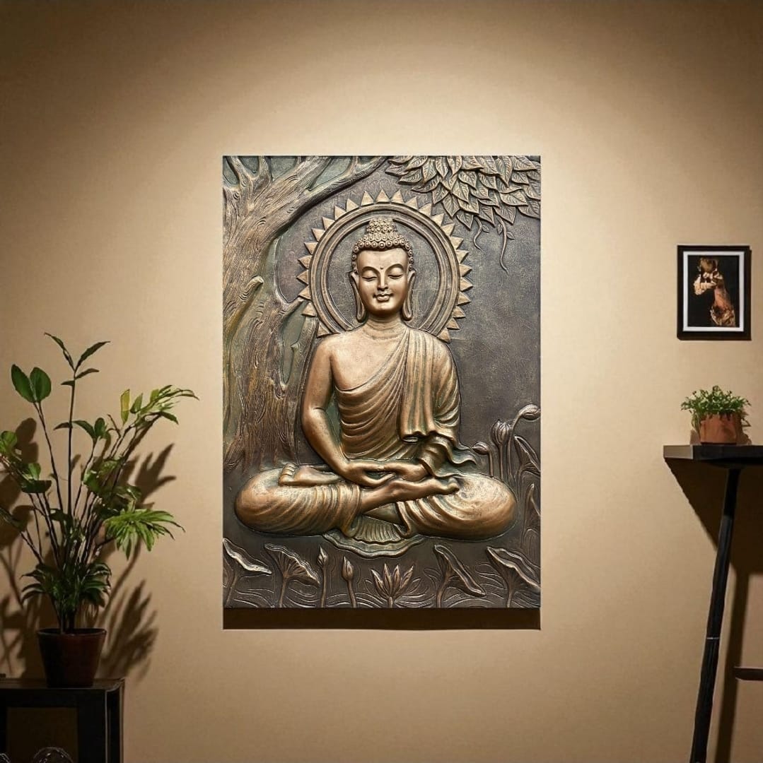 Close-up of the intricate 3D relief detailing on the handmade Buddha and Bodhi tree.