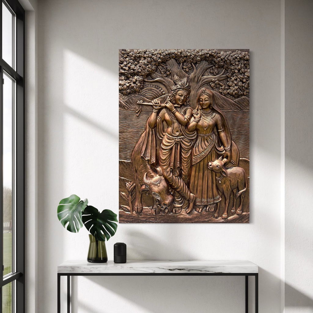 Bronze unframed 4x3 ft Radha Krishna relief sculpture, with intricate detailing.
