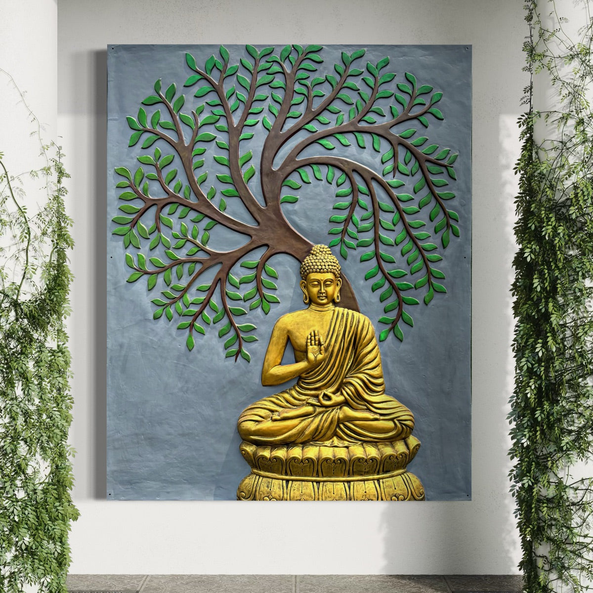Close-up of Buddha 3D wall sculpture highlighting facial features and bodhi tree 