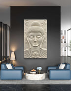 White finish 5x3 feet Buddha 3D wall hanging, serene handcrafted relief mural perfect for meditation rooms and yoga spaces.