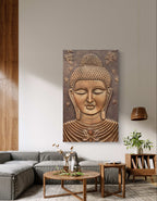 Bronze finish Buddha 3D relief mural, 5x3 feet handcrafted wall art featuring peaceful Buddha with lotus symbol of mindfulness and purity.